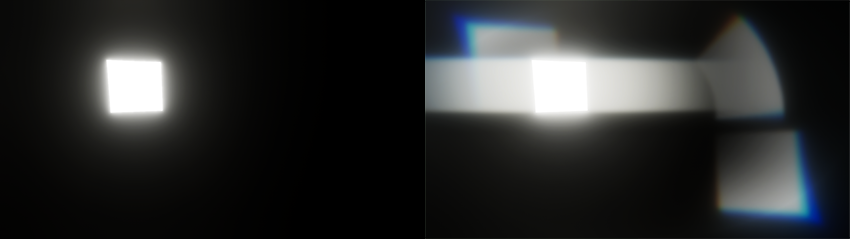 The left image shows an emissive cube with bloom but no lens flares. The right image shows the same cube and a regular flare (top-left), a reversed flare (bottom-right), a warped flare (top-right) and streaks (to the left and right of the cube).